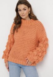 Pomarańczowy Golf w Ozdobny Splot Asaipal. Brązowe swetry damskie Born2be, bez wzorów, z dzianiny, bez kołnierzyka, bez ramiączek, bez kaptura. Za 94.99 zł.