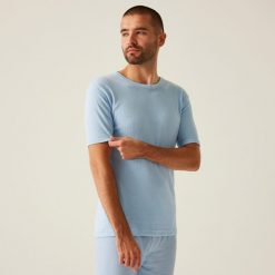 Koszulka robocza męska SS z krótkim rękawem. Niebieskie koszulki sportowe męskie Regatta, m, bez wzorów, z tkaniny, bez kołnierzyka, bez ramiączek, trekkingowe. Za 119.99 zł.