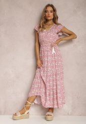 Biało-Czerwona Sukienka z Paskiem Eunele. Czerwone sukienki damskie Renee, l, bez wzorów, z tkaniny, bez kołnierzyka, bez ramiączek, maxi, rozkloszowane. Za 49.99 zł.