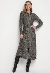Czarno-Szara Sukienka Koszulowa w Mozaikowy Wzór z Wiązanym Paskiem Sailise. Czarne sukienki damskie Born2be, na co dzień, l, bez wzorów, eleganckie, bez kołnierzyka, bez ramiączek, midi, koszulowe. Za 169.99 zł.