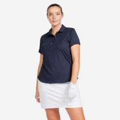 Koszulka polo do golfa damska z krótkim rękawem Inesis WW500. Niebieskie obuwie sportowe damskie INESIS, bez wzorów, z dżerseju, na golfa. Za 89.99 zł.