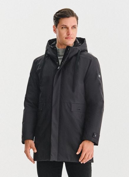 PAKO LORENTE – Puchowa kurtka męska w czarnym kolorze. Czarne kurtki męskie Pako Lorente, na zimę, m, bez wzorów, z poliesteru, długie, z kapturem. Za 499.99 zł.