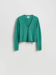 Wełniany kardigan - zielony. Zielone kardigany damskie Reserved, l, bez wzorów, z dzianiny. Za 199.99 zł.