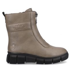 Botki Rieker. Brązowe botki damskie Rieker, bez obcasa, na płaskiej podeszwie, bez zapięcia. Za 329.99 zł.