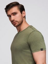 Męski t-shirt z efektem sprania oliwkowy V4 OM-TSWT-0116 M. Zielone t-shirty męskie Ombre, m, bez wzorów, bez kołnierzyka. Za 226.92 zł.