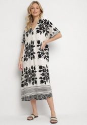 Biała Sukienka Pudełkowa z Wiskozy z Dekoltem w Serek w Etniczny Wzór Abrellis. Białe sukienki damskie Born2be, na co dzień, l, bez wzorów, z wiskozy, eleganckie, bez kołnierzyka, bez ramiączek, midi, kopertowe. Za 74.99 zł.