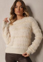 Jasnobeżowy Sweter z Wełną Ozdobiony Ściągaczami i Długim Włosiem Sialora. Brązowe swetry damskie Renee, na jesień, bez wzorów, z jeansu, biznesowe, bez kołnierzyka, bez ramiączek, długie, bez kaptura. Za 69.99 zł.