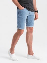 Szorty męskie jeansowe z podwiniętymi nogawkami – błękitne V2 OM-SRDS-0134 - XXL. Niebieskie szorty męskie Ombre Clothing, na lato, l, bez wzorów, z bawełny, eleganckie. W wyprzedaży za 79.99 zł.