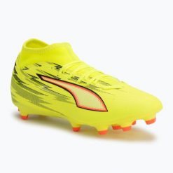 Buty piłkarskie PUMA Ultra 6 Play+ FG/AG. Żółte obuwie sportowe damskie Puma, bez wzorów, z materiału, do biegania. Za 179.99 zł.