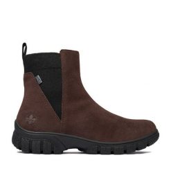 Botki Rieker. Brązowe botki damskie Rieker, bez obcasa, na płaskiej podeszwie, bez zapięcia. Za 429.99 zł.