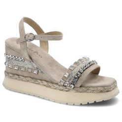 Szare Sandały Alma En Pena Eleganckie Skórzane Buty. Szare klapki damskie Alma en Pena, z aplikacjami, bez obcasa, na koturnie, bez zapięcia. Za 419.00 zł.