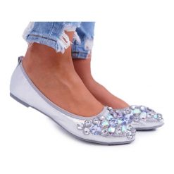 PS1 Baleriny Damskie z Kamieniami Srebrne Crystal szare. Szare baleriny damskie bez wzorów, eleganckie, bez obcasa. Za 155.14 zł.