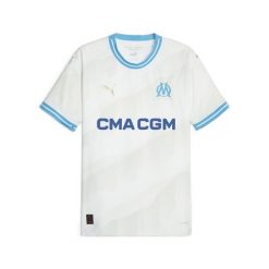 Męska koszulka domowa Olympique de Marseille 23/24 PUMA. Białe koszulki sportowe męskie Puma, l, bez wzorów, bez kołnierzyka, bez ramiączek, do piłki nożnej. W wyprzedaży za 400.10 zł.