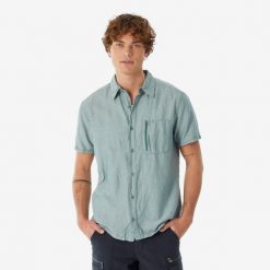 Koszula turystyczna męska z krótkim rękawem Quechua NH500. Zielone koszule męskie QUECHUA, m, bez wzorów, z bawełny, sportowe, bez kołnierzyka, bez ramiączek. Za 129.99 zł.