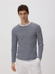 Dzianinowy longsleeve z dodatkiem lnu - granatowy. Niebieskie bluzki z długim rękawem męskie Reserved, l, bez wzorów, z dzianiny, bez kołnierzyka. Za 179.99 zł.