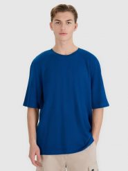 4F T-shirt oversize z modalem męski - turkusowy L. Niebieskie koszulki sportowe męskie 4f, l, bez wzorów, z bawełny, klasyczne, bez kołnierzyka. W wyprzedaży za 59.99 zł.