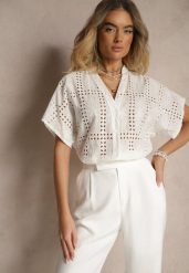 Biała Koszula z Bawełny z Ażurowym Wzorem Telannia. Białe bluzki damskie Renee, w ażurowe wzory, z bawełny, eleganckie, bez kołnierzyka, bez ramiączek. Za 44.99 zł.
