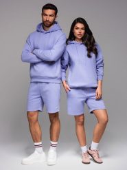 Komplet dresowy dla par UNISEX bluza z kapturem + szorty w stylu athleisure lawendowe V9 Z110 XS/S. Fioletowe bluzy damskie Ombre, s, bez wzorów, z dresówki, z kapturem. Za 468.99 zł.