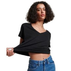 Damska koszulka z haftem i płomieniem v-neck Superdry. Czarne koszulki sportowe damskie Superdry., bez wzorów, bez kołnierzyka, bez ramiączek. Za 109.25 zł.