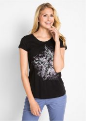 Shirt bawełniany z przędzy mieszankowej, krótki rękaw. Czarne t-shirty damskie bonprix, bez wzorów, z bawełny, bez kołnierzyka. Za 52.99 zł.
