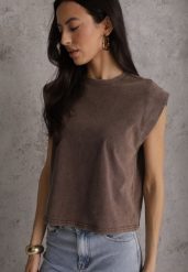 Brązowy Top z Bawełny w Stylu Grunge z Szeroką Linią Ramion Tezorea. Brązowe bluzki damskie Renee, m, bez wzorów, z bawełny, bez kołnierzyka, bez ramiączek. Za 79.99 zł.