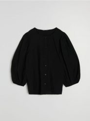 Wiskozowa bluzka koszulowa z bufiastymi rękawami - czarny. Czarne bluzki damskie Sinsay, l, bez wzorów, z wiskozy, bez kołnierzyka, bez ramiączek. Za 39.99 zł.