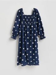 Bawełniana sukienka w groszki - granatowy. Niebieskie sukienki damskie Reserved, l, bez wzorów, z bawełny, bez kołnierzyka, bez ramiączek. Za 199.99 zł.