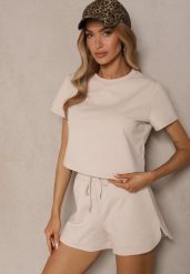 Jasnobeżowy Bawełniany T-shirt o Fasonie Cropped Galionela. Brązowe bluzki damskie Renee, l, bez wzorów, z bawełny, bez kołnierzyka. Za 59.99 zł.