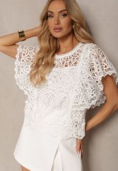 Biała Koronkowa Bluzka w Stylu Boho Raspia. Białe bluzki damskie Renee, na lato, m, bez wzorów, z koronki, boho, bez kołnierzyka, bez ramiączek. Za 49.99 zł.