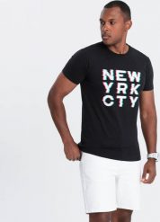 Ombre T-shirt męski bawełniany z nadrukiem - czarny V1 OM-TSPT-0162 S. Czarne t-shirty męskie Ombre, m, bez wzorów, z bawełny, bez kołnierzyka. Za 19.99 zł.