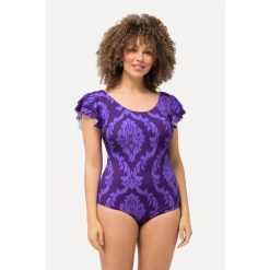 Damski Kostium kąpielowy ornamenty falbanki na ramionach miękkie miseczki. Fioletowe kostiumy jednoczęściowe damskie Ulla Popken, plus size, bez wzorów, z elastanu, sportowe, plus size, do pływania. W wyprzedaży za 191.99 zł.