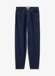 Jeansy mom, high waist, cropped. Niebieskie jeansy damskie bonprix, z podwyższonym stanem. Za 54.99 zł.