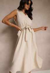 Beżowa Koszulowa Sukienka Bez Rękawów z Wiązanym Paskiem Lideene. Brązowe sukienki damskie Renee, na co dzień, bez wzorów, eleganckie, bez kołnierzyka, bez ramiączek, midi, kopertowe. Za 89.99 zł.