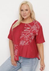 Bordowa Bawełniana Bluzka T-shirt z Krótkim Rękawem z Nadrukiem i Guzikami Fiomara. Czerwone bluzki damskie Born2be, l, bez wzorów, z bawełny, biznesowe, bez kołnierzyka. Za 54.99 zł.