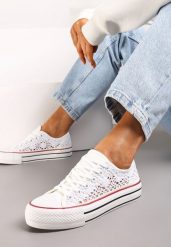 Białe Krótkie Trampki z Ażurowego Materiału Bremavia. Białe trampki i tenisówki damskie Renee, w ażurowe wzory, boho, bez zapięcia. Za 54.99 zł.
