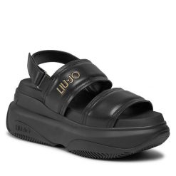 Sandały Liu Jo. Czarne klapki damskie Liu Jo, bez wzorów, bez obcasa, na koturnie, bez zapięcia. Za 599.99 zł.