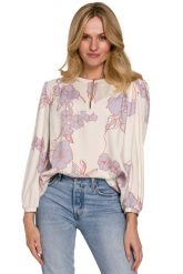 Wiskozowa Bluzka w Kwiaty z Bufiastym Rękawem - Model 3. Brązowe bluzki damskie MOE, l, bez wzorów, z materiału, bez kołnierzyka, bez ramiączek. Za 244.90 zł.