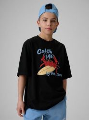 4F T-shirt loose z nadrukiem chłopięcy - czarny 134/140 (8-10 lat). Czarne t-shirty dla chłopców 4f, bez wzorów, z bawełny, bez ramiączek. Za 49.99 zł.