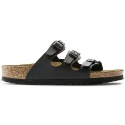 Klapki damskie BIRKENSTOCK Florida Soft Footbed Birko-Flor. Czarne klapki damskie Birkenstock, bez wzorów, ze skóry, bez obcasa. Za 429.99 zł.