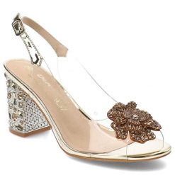 Złote Sandały S.Barski Eleganckie Obuwie Damskie. Żółte klapki damskie S.BARSKI, bez wzorów, z materiału, bez obcasa, na obcasie, bez zapięcia. Za 199.00 zł.