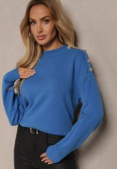 Niebieski Sweter z Półgolfem Wiskozą i Modalem Ozdobiona Guzikami Emmitana. Niebieskie swetry damskie Renee, l, bez wzorów, z jeansu, casualowe, bez kołnierzyka, bez ramiączek, bez kaptura. Za 69.99 zł.