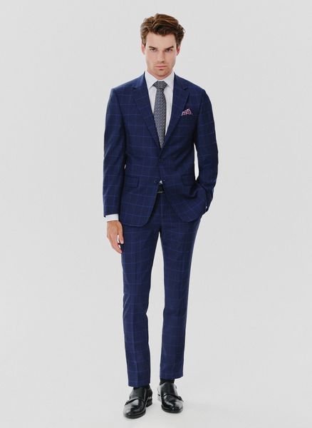 PAKO LORENTE – Granatowa marynarka garniturowa w niebieską kratkę. Niebieskie marynarki męskie Pako Lorente, bez wzorów, z lycry. Za 499.99 zł.