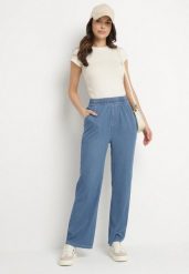 Niebieskie Szerokie Spodnie z Wiskozą Bawełną Wysokim Stanem Imitujące Jeans Caldexis. Niebieskie jeansy damskie Born2be, z podwyższonym stanem. Za 69.99 zł.