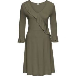 Sukienka z dżerseju z falbaną bonprix oliwkowy. Zielone sukienki damskie bonprix, z dżerseju, eleganckie. Za 59.99 zł.