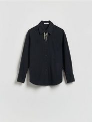 Koszula w prążek - szary. Szare koszule damskie Reserved, l, bez wzorów, z tkaniny, bez kołnierzyka, bez ramiączek. Za 159.99 zł.