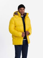 Kurtka męska typu puffer z podszewką w kratę – żółta V3 - Rozmiar: S. Żółte kurtki męskie Ombre Clothing, m, z aplikacjami, z bawełny, bez kaptura. W wyprzedaży za 314.99 zł.