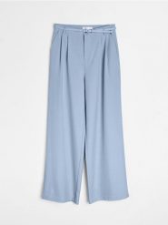 Spodnie wide leg z paskiem - błękitny. Niebieskie spodnie materiałowe damskie Sinsay, l, bez wzorów. Za 59.99 zł.
