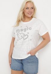 Biały T-shirt Ażurowy z Ozdobnymi Cyrkoniami Cevola. Białe bluzki damskie Born2be, xl, w ażurowe wzory, bez kołnierzyka. Za 34.99 zł.