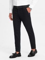 Spodnie męskie chino SLIM FIT z delikatną teksturą - czarne V5 - Rozmiar: L. Czarne spodnie materiałowe męskie Ombre Clothing, l, bez wzorów, z bawełny. W wyprzedaży za 199.99 zł.
