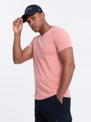 Klasyczna męska bawełniana koszulka z dekoltem w serek BASIC – różowa V7 OM-TSBS-0145 - L. Czerwone t-shirty męskie Ombre Clothing, l, bez wzorów, z bawełny, klasyczne, bez kołnierzyka. W wyprzedaży za 24.99 zł.